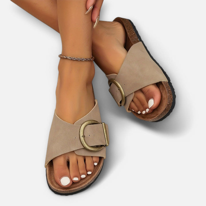 Hayley | Women's Orthopedic Open-Toe Sandals, Buckle Detail Sandals | The Shrader Sisters | Creme
