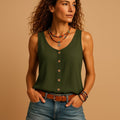 Hayley | Women's Sleeveless V-Neck Top with Button Detail, Relaxed Fit Summer Top | The Shrader Sisters | Groen
