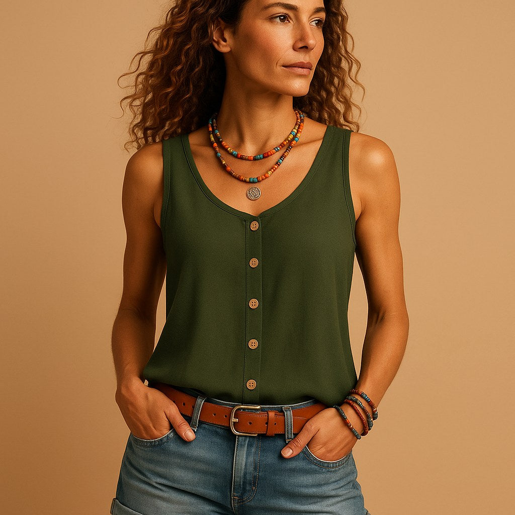 Hayley | Women's Sleeveless V-Neck Top with Button Detail, Relaxed Fit Summer Top | The Shrader Sisters | Groen