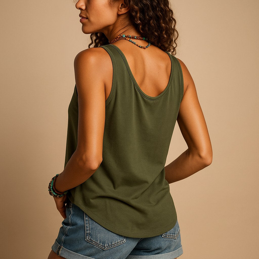 Hayley | Women's Sleeveless V-Neck Top with Button Detail, Relaxed Fit Summer Top | The Shrader Sisters | Wit