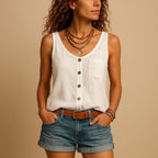 Hayley | Women's Sleeveless V-Neck Top with Button Detail, Relaxed Fit Summer Top | The Shrader Sisters | Zwart