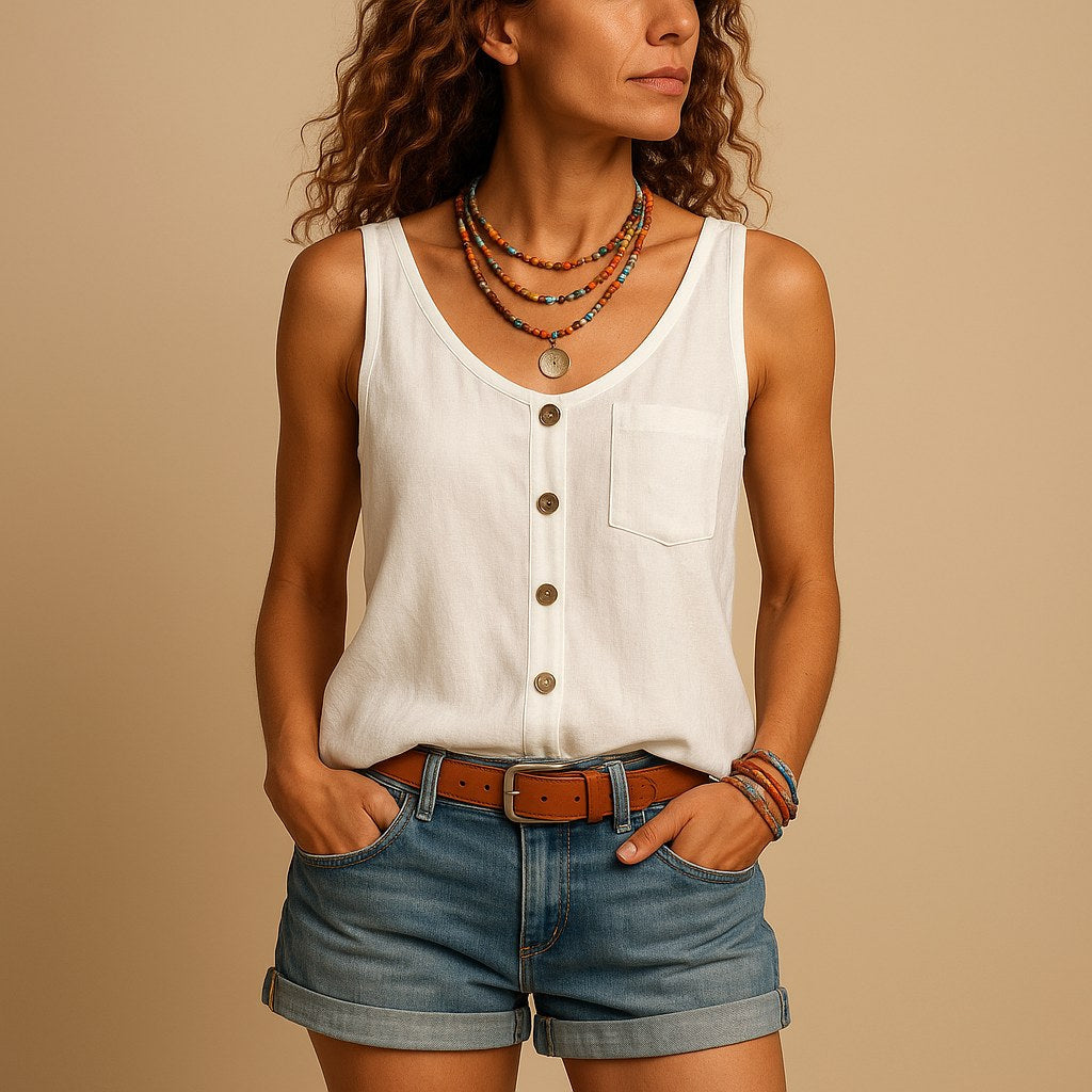 Hayley | Women's Sleeveless V-Neck Top with Button Detail, Relaxed Fit Summer Top | The Shrader Sisters | Zwart