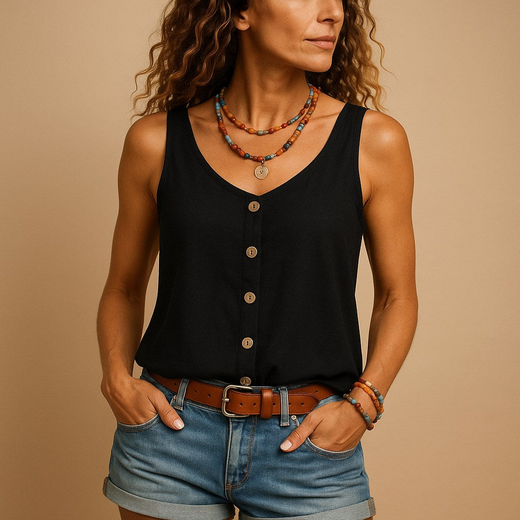 Hayley | Women's Sleeveless V-Neck Top with Button Detail, Relaxed Fit Summer Top | The Shrader Sisters | Grijs