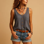 Hayley | Women's Sleeveless V-Neck Top with Button Detail, Relaxed Fit Summer Top | The Shrader Sisters | Blauw
