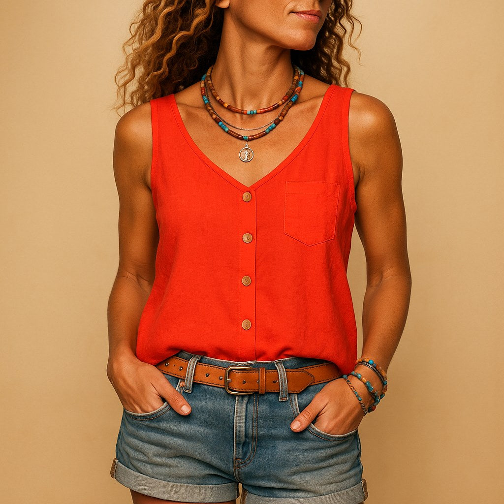Hayley | Women's Sleeveless V-Neck Top with Button Detail, Relaxed Fit Summer Top | The Shrader Sisters | Lichtgroen