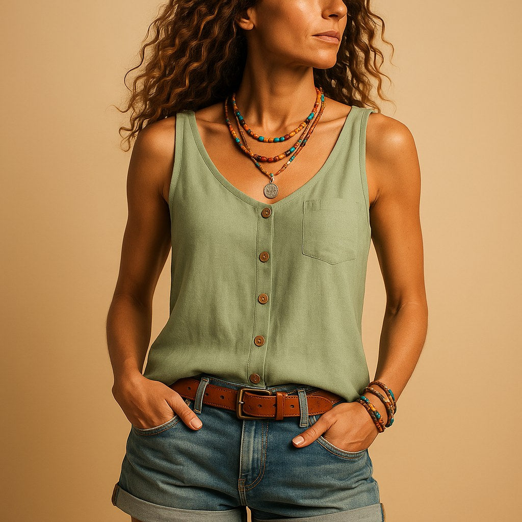 Hayley | Women's Sleeveless V-Neck Top with Button Detail, Relaxed Fit Summer Top | The Shrader Sisters