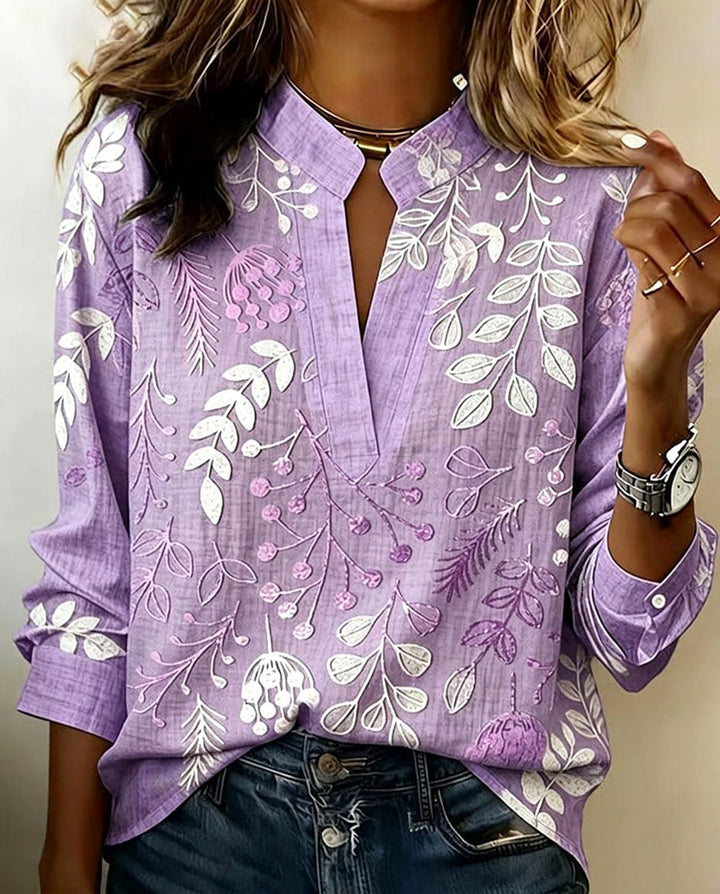 Hayley | Women's Soft-Touch Blouse with Pastel Floral V-Neck, Lightweight Everyday Blouse | The Shrader Sisters | Purple