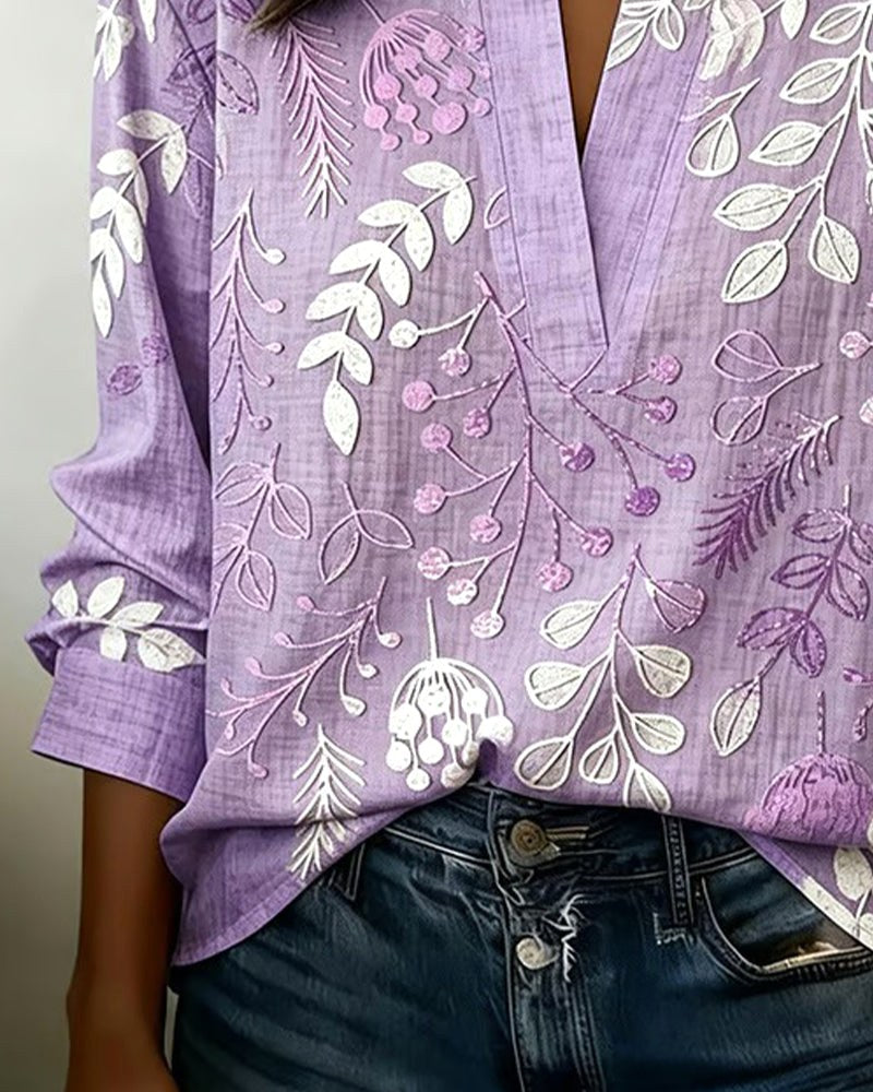 Hayley | Women's Soft-Touch Blouse with Pastel Floral V-Neck, Lightweight Everyday Blouse | The Shrader Sisters | Blue