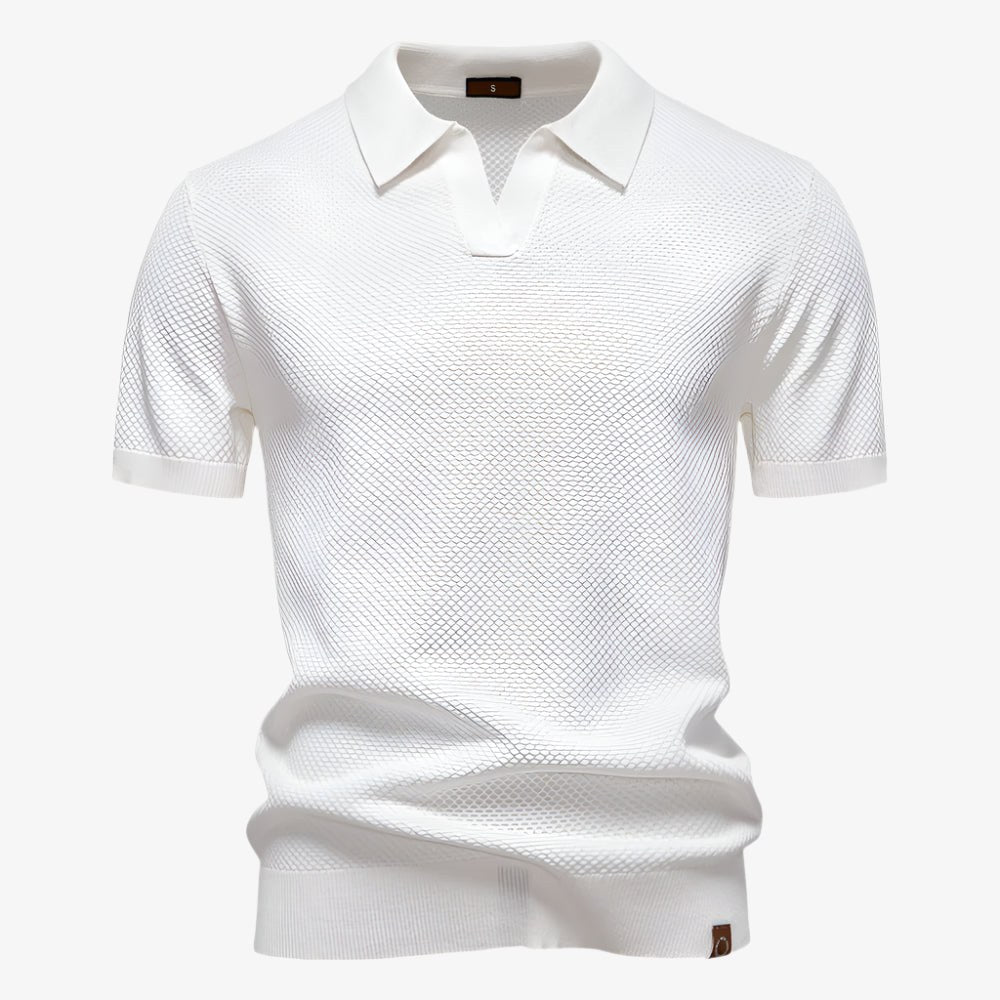 Heath | Men's Short Sleeve Cotton Knit Polo, V-Neck Casual Shirt | The Shrader Sisters | White
