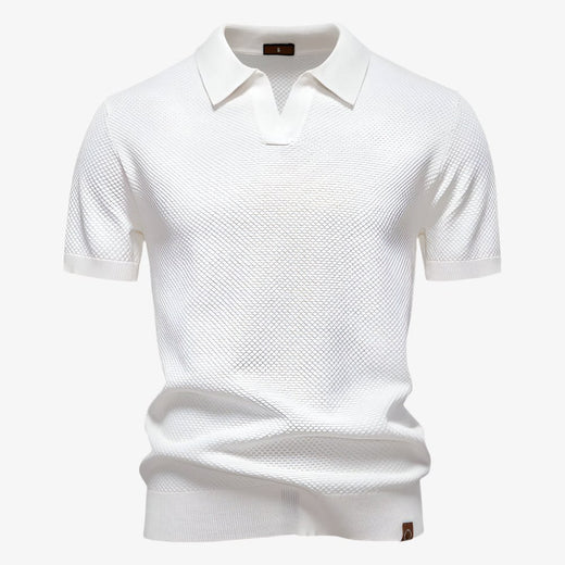 Heath | Men's Short Sleeve Cotton Knit Polo, V-Neck Casual Shirt | The Shrader Sisters | White