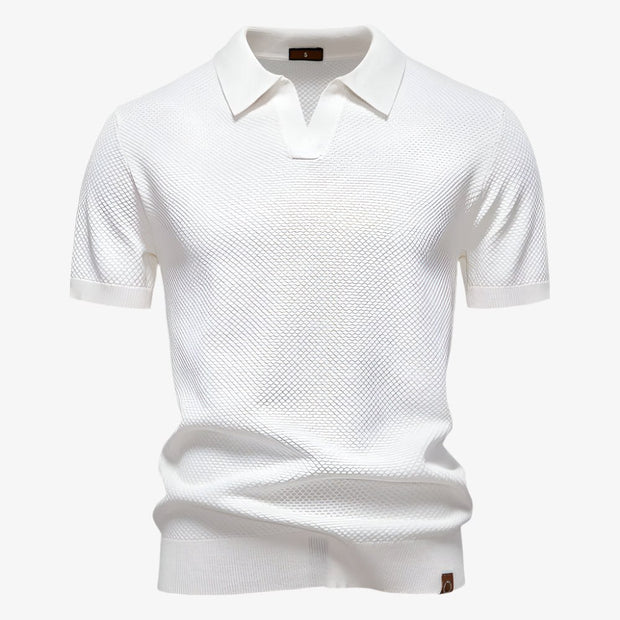 Heath | Men's Short Sleeve Cotton Knit Polo, V-Neck Casual Shirt | The Shrader Sisters | White