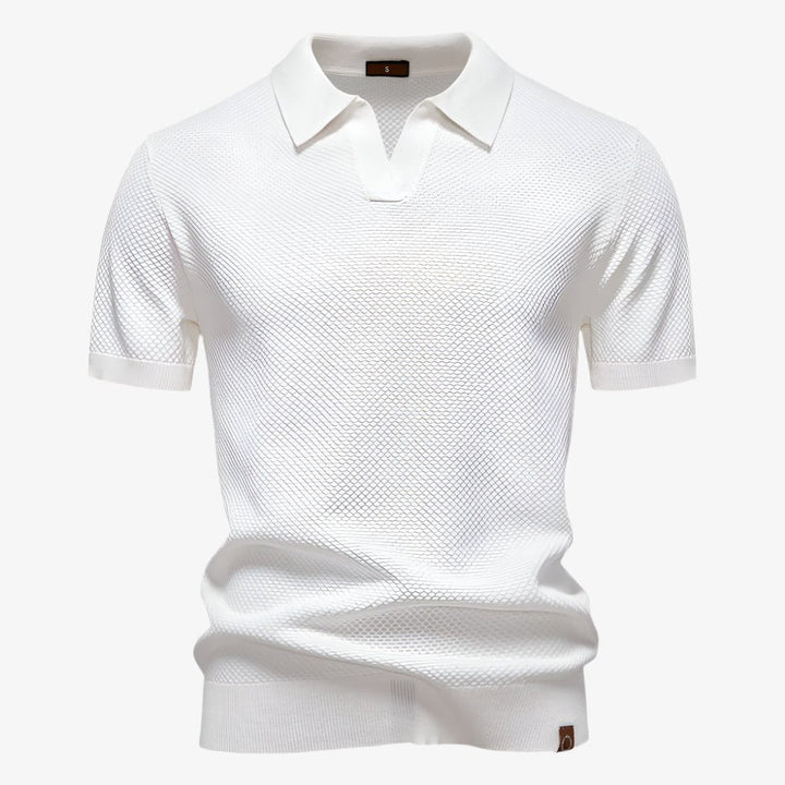 Heath | Men's Short Sleeve Cotton Knit Polo, V-Neck Casual Shirt | The Shrader Sisters | White