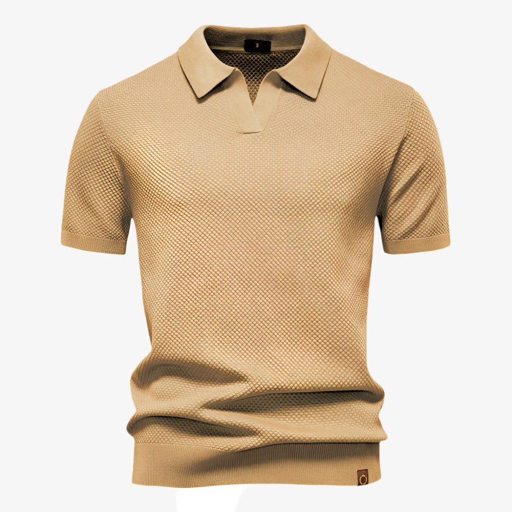 Heath | Men's Short Sleeve Cotton Knit Polo, V-Neck Casual Shirt | The Shrader Sisters | Beige