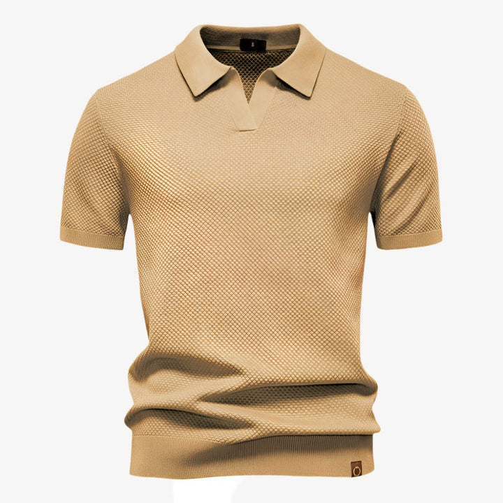 Heath | Men's Short Sleeve Cotton Knit Polo, V-Neck Casual Shirt | The Shrader Sisters | Beige