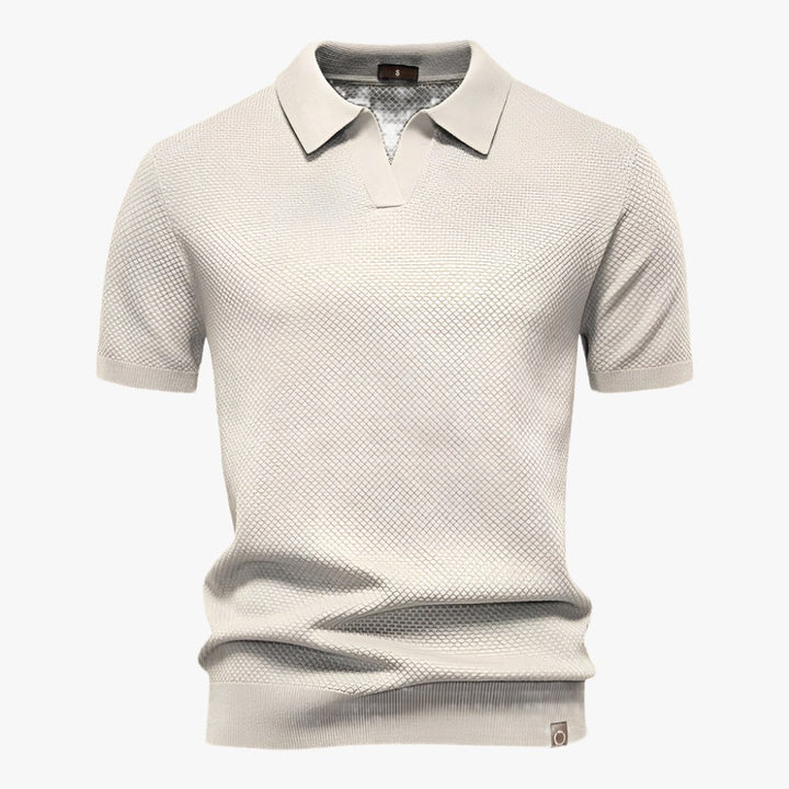 Heath | Men's Short Sleeve Cotton Knit Polo, V-Neck Casual Shirt | The Shrader Sisters | Off White