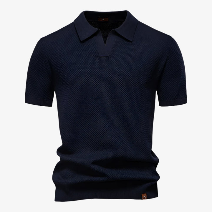 Heath | Men's Short Sleeve Cotton Knit Polo, V-Neck Casual Shirt | The Shrader Sisters | Navy Blue