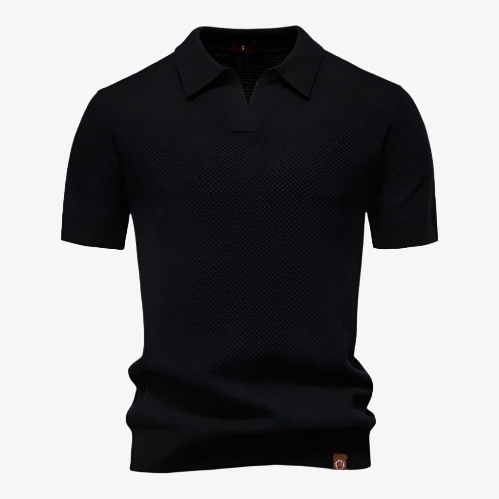 Heath | Men's Short Sleeve Cotton Knit Polo, V-Neck Casual Shirt | The Shrader Sisters | Black