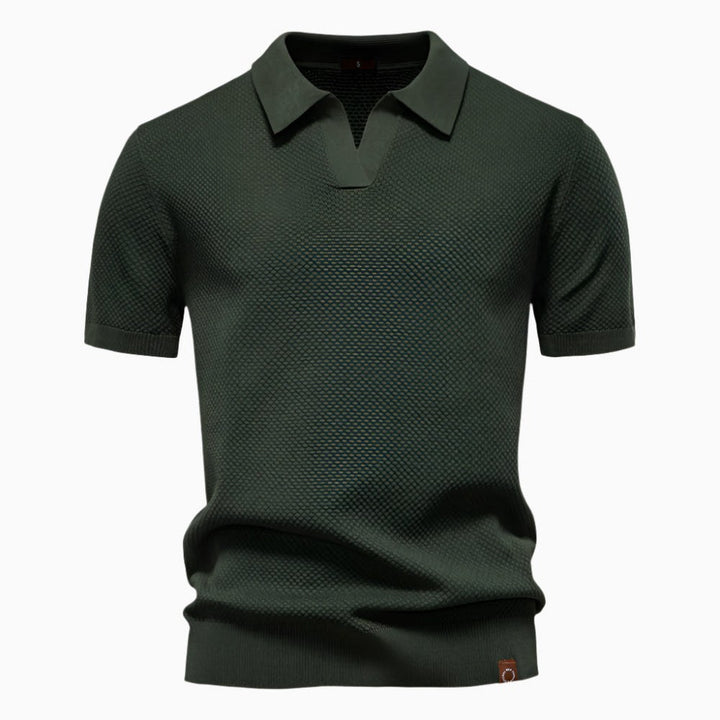 Heath | Men's Short Sleeve Cotton Knit Polo, V-Neck Casual Shirt | The Shrader Sisters | Army Green