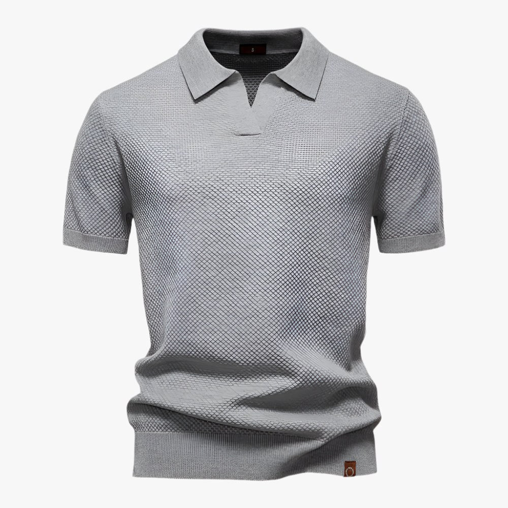 Heath | Men's Short Sleeve Cotton Knit Polo, V-Neck Casual Shirt | The Shrader Sisters | Light Grey