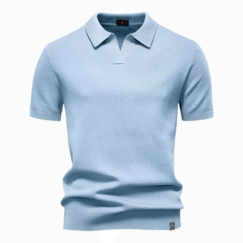 Heath | Men's Short Sleeve Cotton Knit Polo, V-Neck Casual Shirt | The Shrader Sisters | Teal Blue
