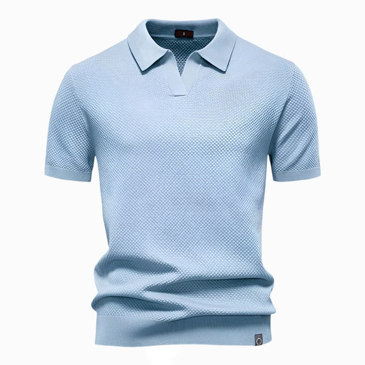 Heath | Men's Short Sleeve Cotton Knit Polo, V-Neck Casual Shirt | The Shrader Sisters | Teal Blue