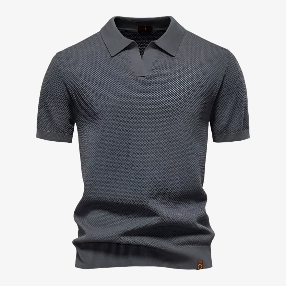 Heath | Men's Short Sleeve Cotton Knit Polo, V-Neck Casual Shirt | The Shrader Sisters | Dark Grey