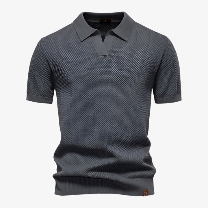 Heath | Men's Short Sleeve Cotton Knit Polo, V-Neck Casual Shirt | The Shrader Sisters | Dark Grey