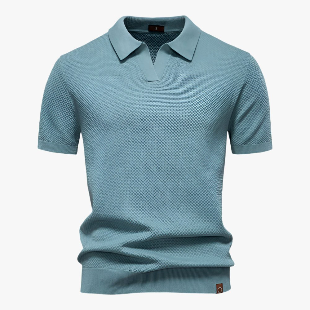 Heath | Men's Short Sleeve Cotton Knit Polo, V-Neck Casual Shirt | The Shrader Sisters | Blue