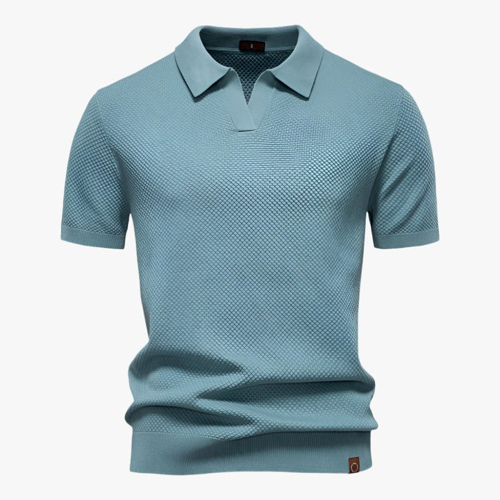 Heath | Men's Short Sleeve Cotton Knit Polo, V-Neck Casual Shirt | The Shrader Sisters | Blue