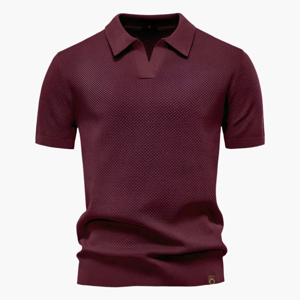 Heath | Men's Short Sleeve Cotton Knit Polo, V-Neck Casual Shirt | The Shrader Sisters | Wine Red