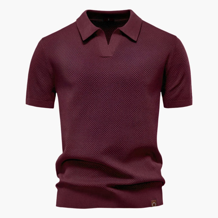 Heath | Men's Short Sleeve Cotton Knit Polo, V-Neck Casual Shirt | The Shrader Sisters | Wine Red