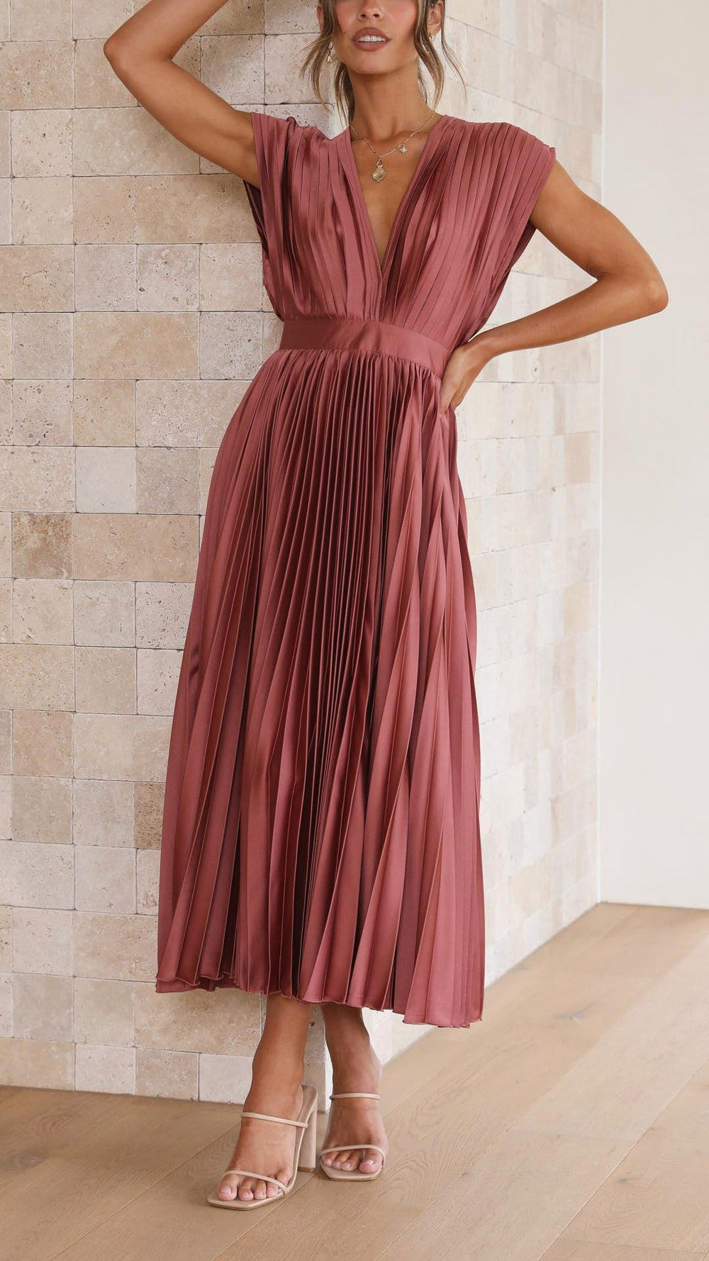 Heather | Women's Pleated Maxi Dress - Champagne