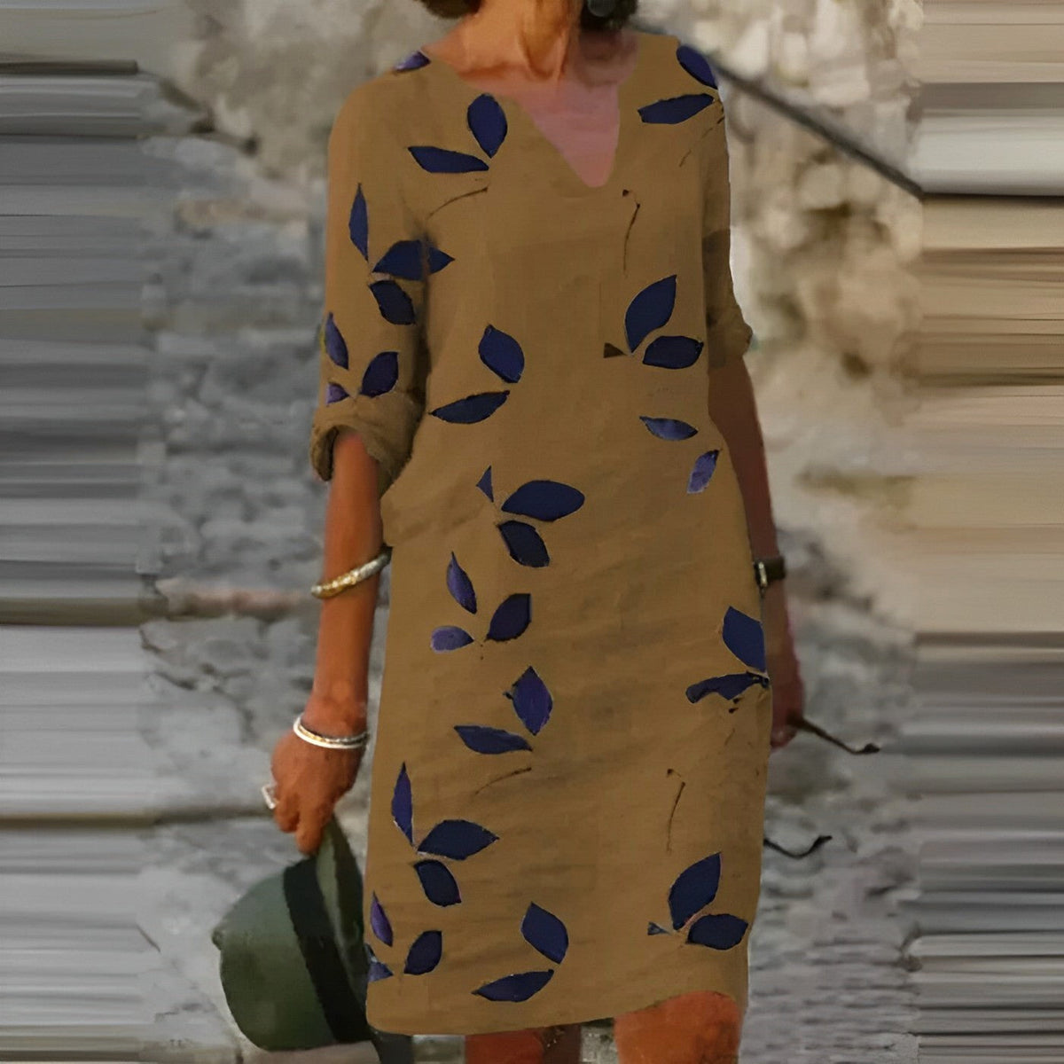 Holly | Women's Leaf-Print Midi Dress, Fluid Silhouette Autumn Dress | The Shrader Sisters