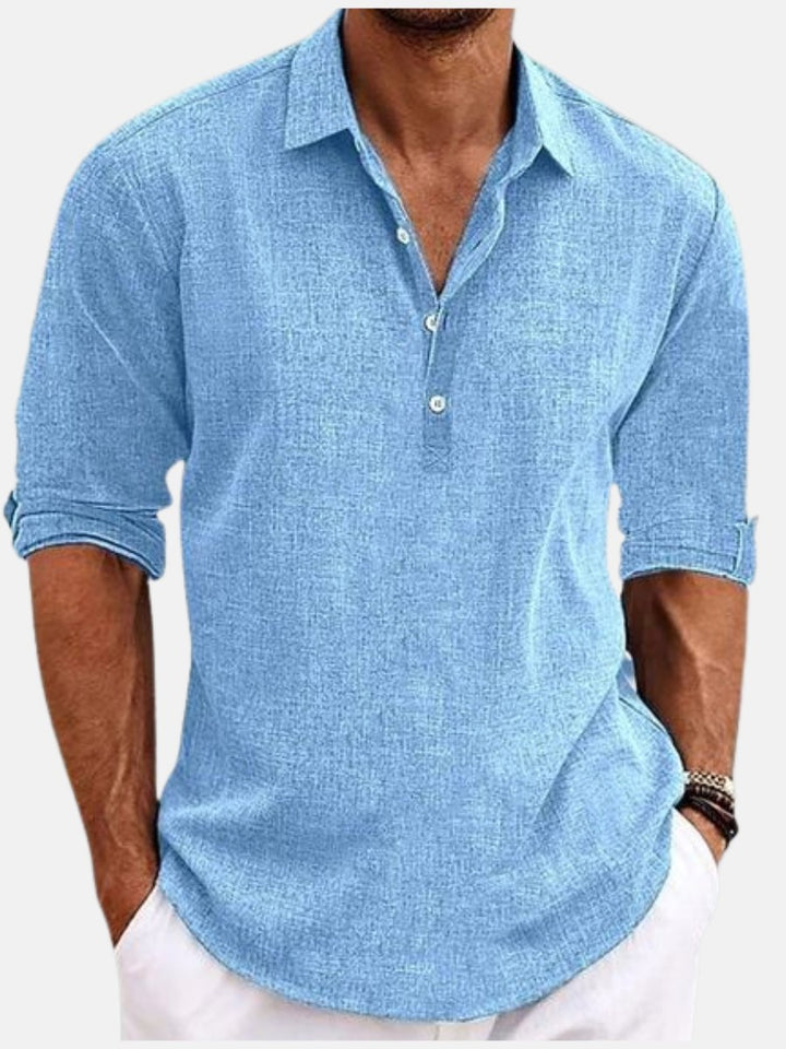 Hudson | Men's Linen Polo Shirt, Short-Sleeve Summer Shirt | The Shrader Sisters | Sky Blue