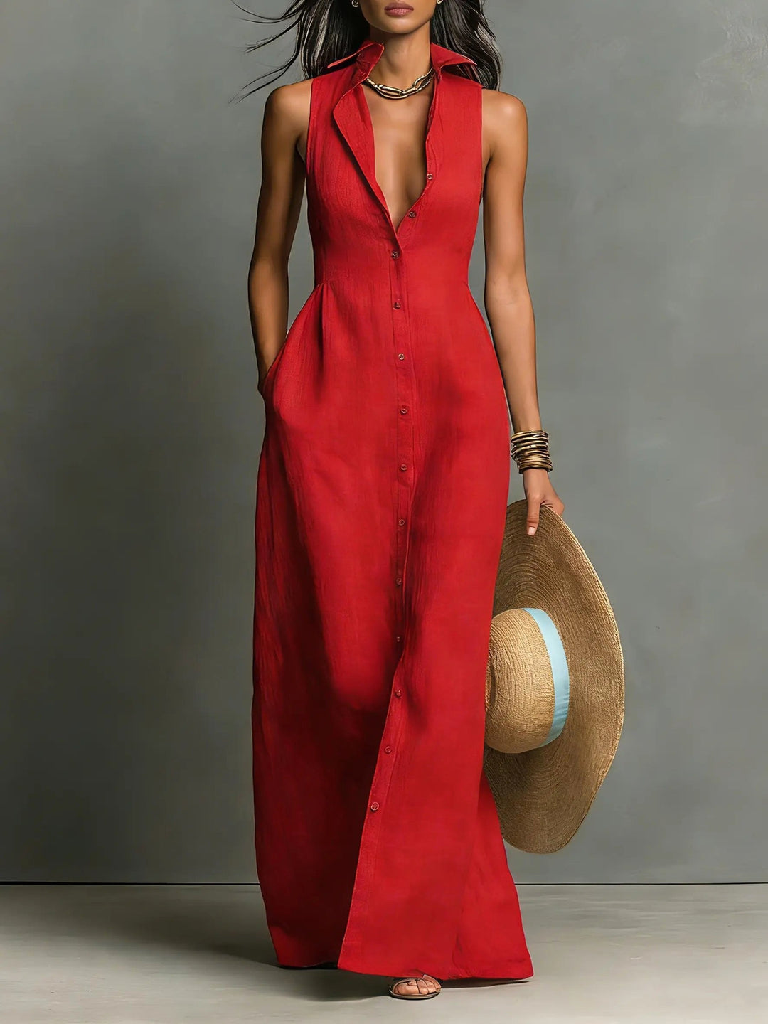 Imogen | Women's Sleeveless Maxi Shirt Dress, Button-Front Floor-Length Dress | The Shrader Sisters | Red