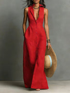 Imogen | Women's Sleeveless Maxi Shirt Dress, Button-Front Floor-Length Dress | The Shrader Sisters | Red