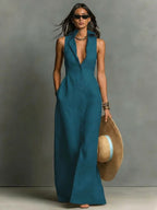 Imogen | Women's Sleeveless Maxi Shirt Dress, Button-Front Floor-Length Dress | The Shrader Sisters | Black