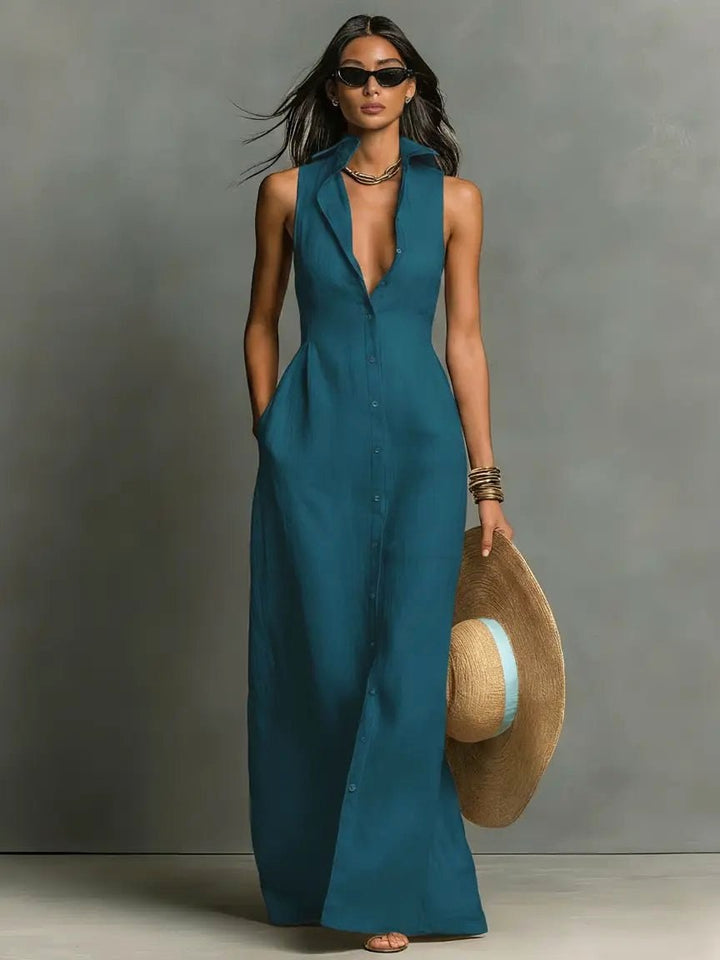 Imogen | Women's Sleeveless Maxi Shirt Dress, Button-Front Floor-Length Dress | The Shrader Sisters | Black