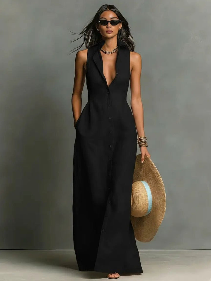Imogen | Women's Sleeveless Maxi Shirt Dress, Button-Front Floor-Length Dress | The Shrader Sisters