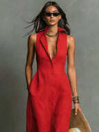 Imogen | Women's Sleeveless Maxi Shirt Dress, Button-Front Floor-Length Dress | The Shrader Sisters