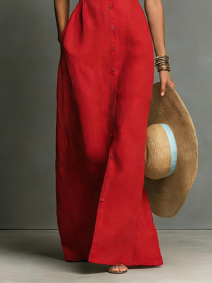 Imogen | Women's Sleeveless Maxi Shirt Dress, Button-Front Floor-Length Dress | The Shrader Sisters