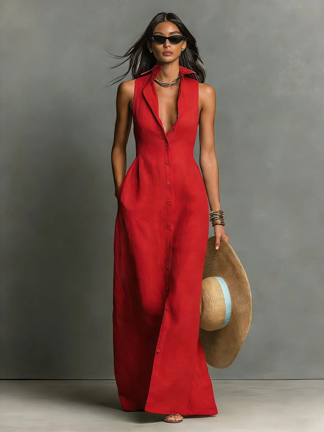 Imogen | Women's Sleeveless Maxi Shirt Dress, Button-Front Floor-Length Dress | The Shrader Sisters