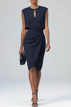 Indi | Women's Ruched Midi Dress, Keyhole Neckline Occasion Dress | The Shrader Sisters | Navy Blue