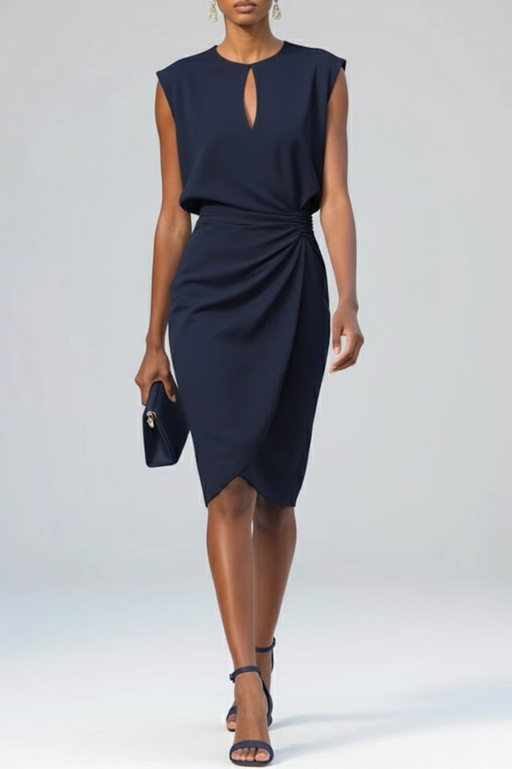 Indi | Women's Ruched Midi Dress, Keyhole Neckline Occasion Dress | The Shrader Sisters | Navy Blue