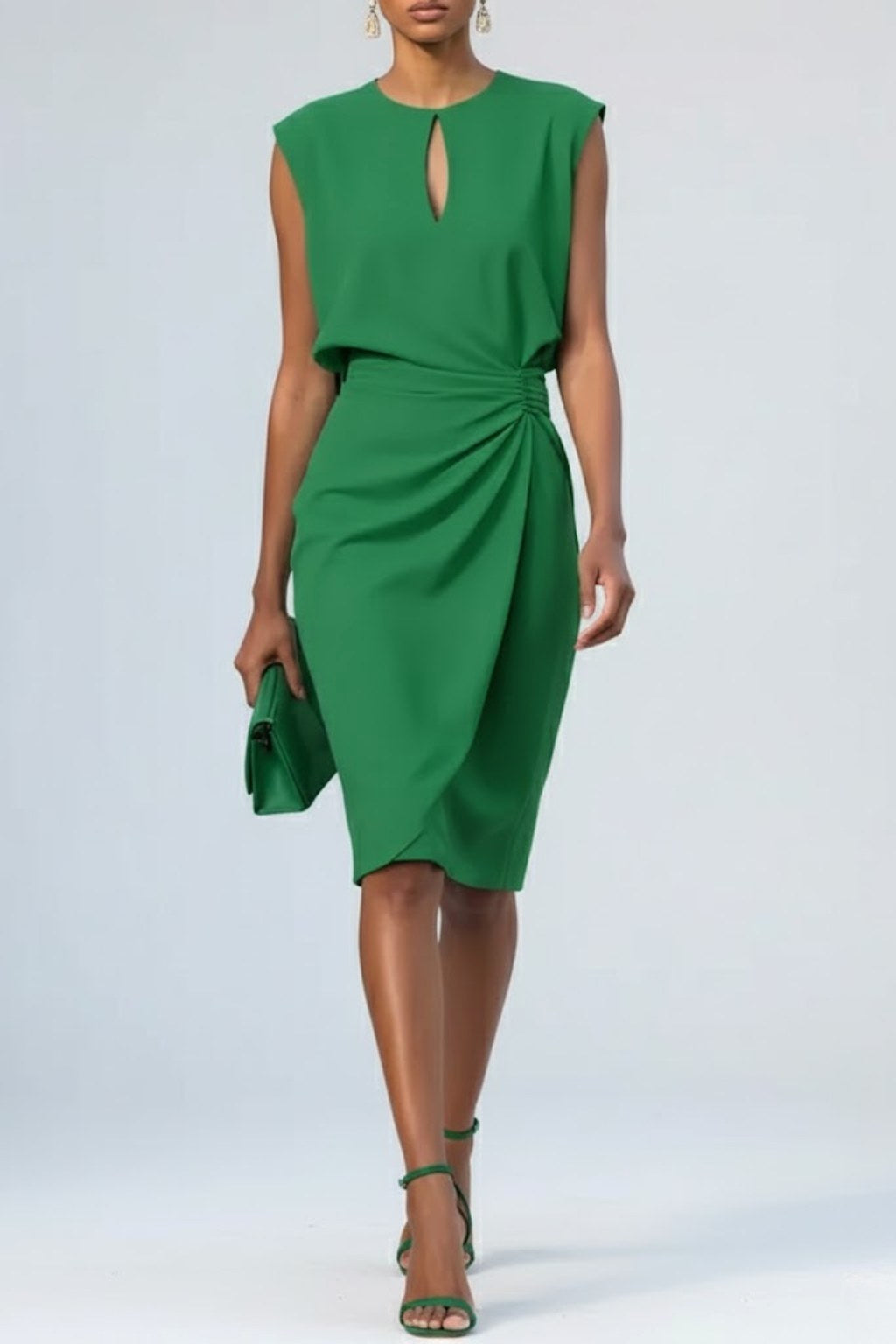 Indi | Women's Ruched Midi Dress, Keyhole Neckline Occasion Dress | The Shrader Sisters | Green
