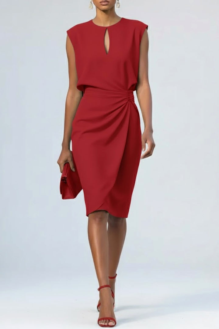Indi | Women's Ruched Midi Dress, Keyhole Neckline Occasion Dress | The Shrader Sisters | Red