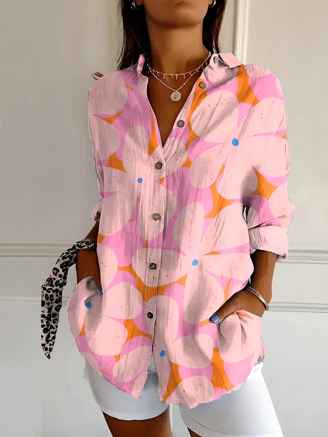Indiana | Women's Abstract Print Blouse, Split V-Neck Roll-Up Sleeve Blouse | The Shrader Sisters