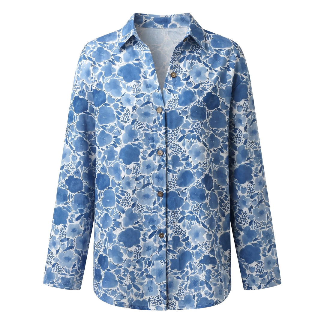 Indiana | Women's Abstract Print Blouse, Split V-Neck Roll-Up Sleeve Blouse | The Shrader Sisters
