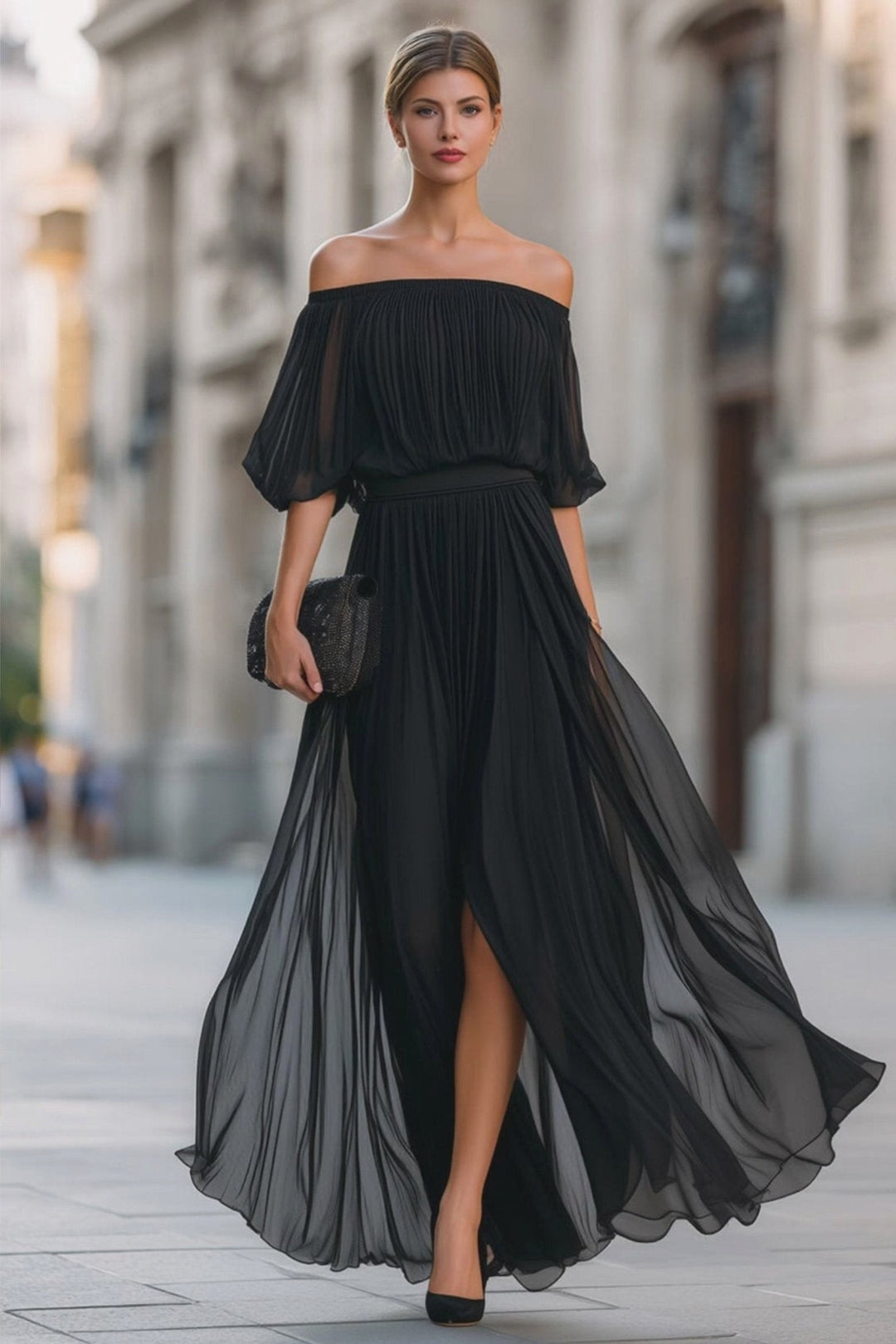 Indiana | Women's Off-Shoulder Pleated Chiffon Maxi Dress, Flowing Evening Dress | The Shrader Sisters | Black