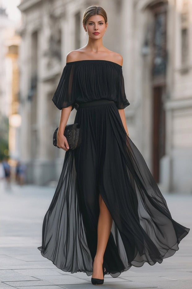 Indiana | Women's Off-Shoulder Pleated Chiffon Maxi Dress, Flowing Evening Dress | The Shrader Sisters | Black